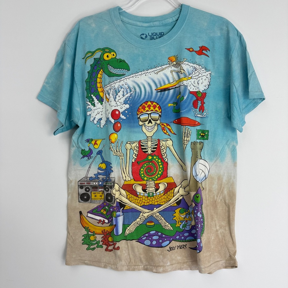 Liquid Blue T-Shirt Mens L Blue 1992 Joey Mars Beach Skeleton Tie Dye Vintage